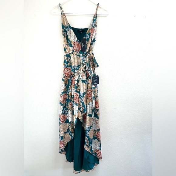 Lulus Green Floral High Low Ruffle Wrap Maxi Dress w/ Spaghetti Straps, Size XS - Picture 1 of 16